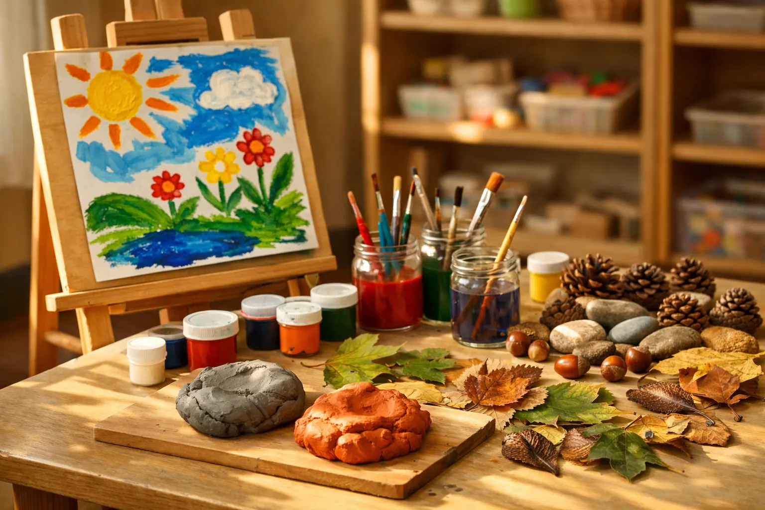 Art corner with an easel painting, paint jars, clay and natural materials