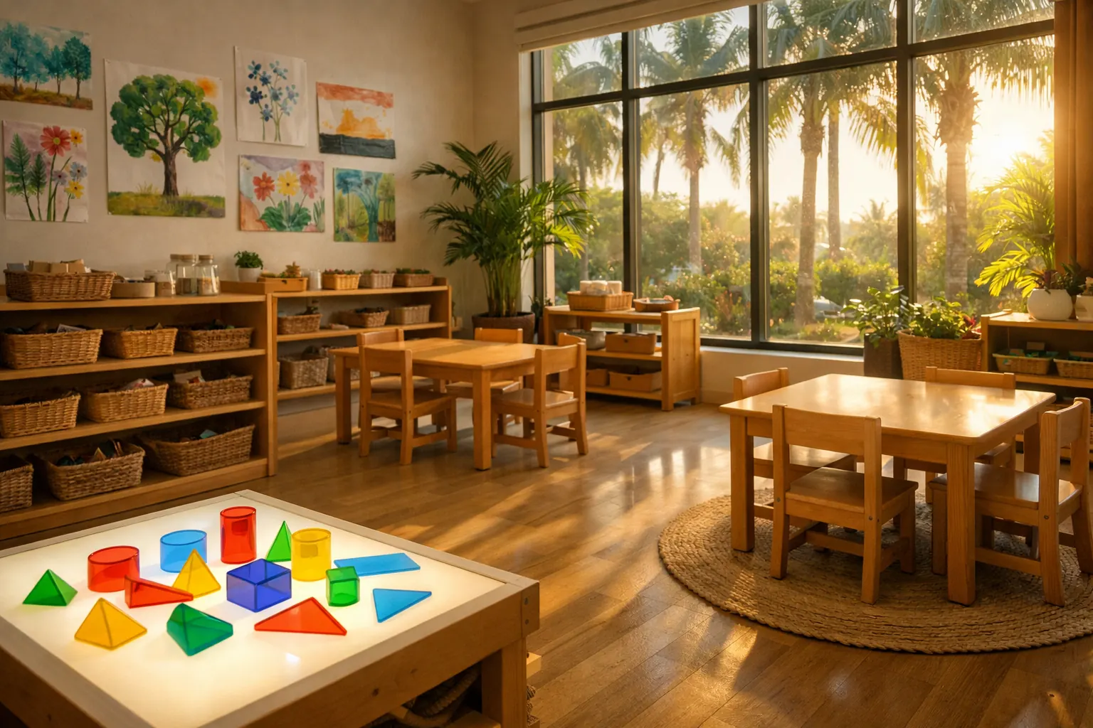Sunlit classroom with a glowing light table, low wooden shelves, plants and big windows onto palm trees