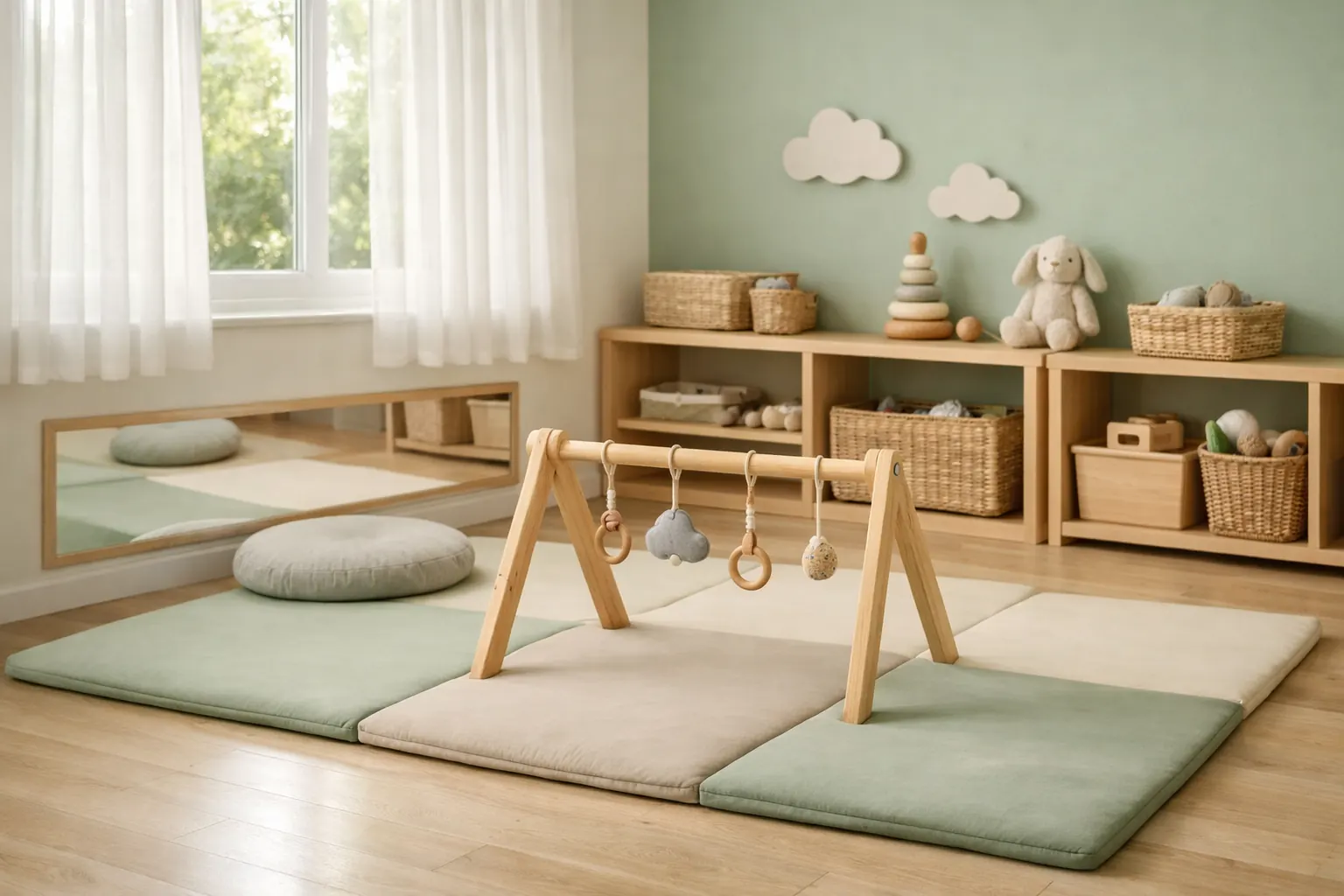Calm infant room with soft mats, a mirror and a wooden baby gym