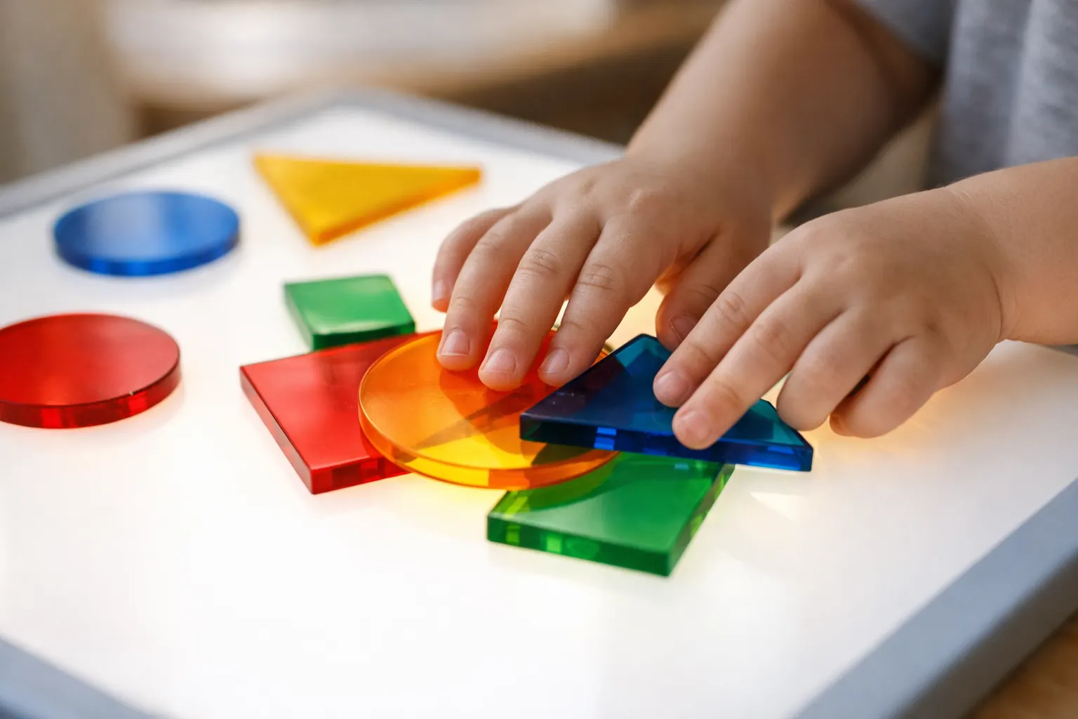 A child's hands arranging translucent colored shapes on a glowing light table