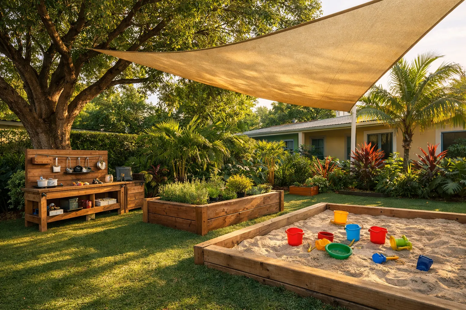 Shaded outdoor play yard with a mud kitchen, garden bed and sandbox